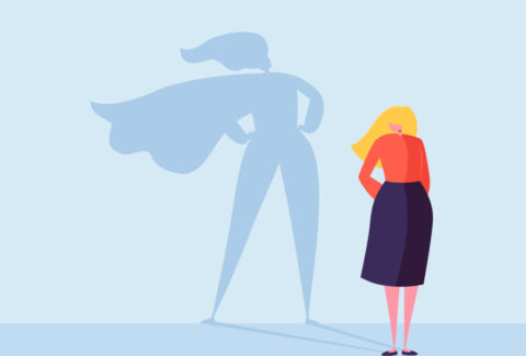 Business Woman with a Super Hero Shadow. Female Character with Cape Silhouette. Businesswoman Leadership Motivation Concept. Vector illustration