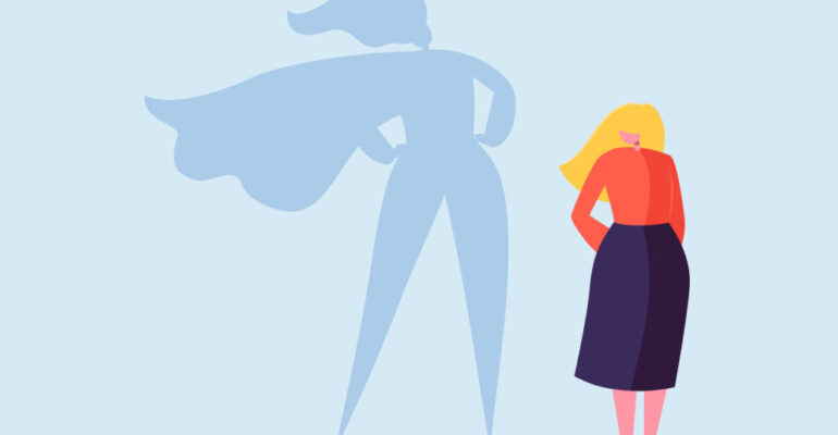 Business Woman with a Super Hero Shadow. Female Character with Cape Silhouette. Businesswoman Leadership Motivation Concept. Vector illustration